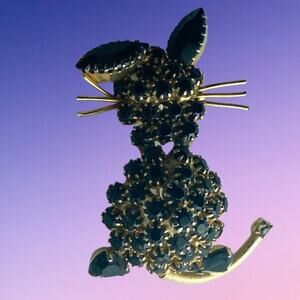 Black Rhinestone Cat with Bent Ear Brooch
